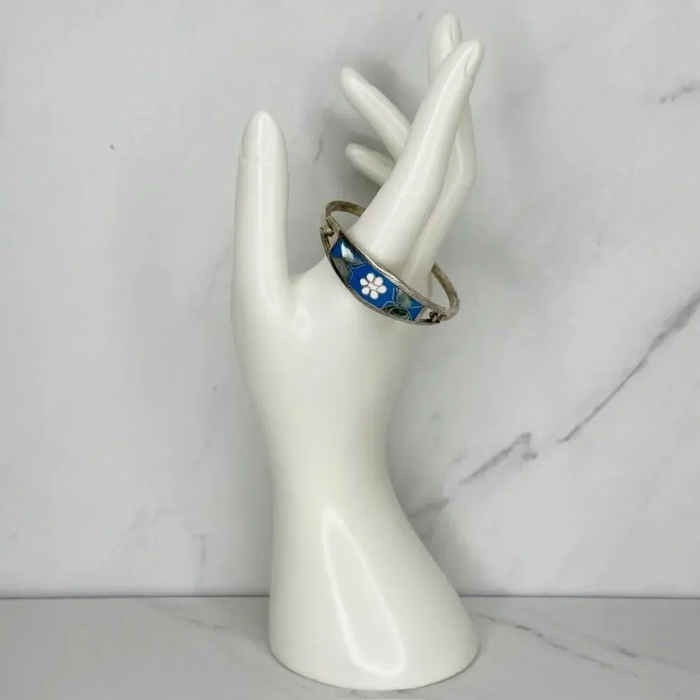 Vintage Mexico Blue Inlay Abalone Butterfly White Flower Child Hinged Bangle ✨